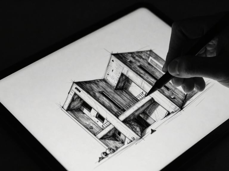 Close-up of a hand sketching brutalist architectural concepts on a dark tablet, high-contrast monochrome, sharp focus, moody low-key lighting.