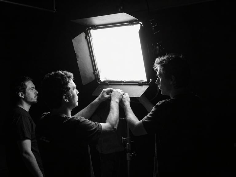 Focused crew member adjusting a large LED light on a dark soundstage, high-contrast monochrome, sharp neon practical lights, cinematic film photography