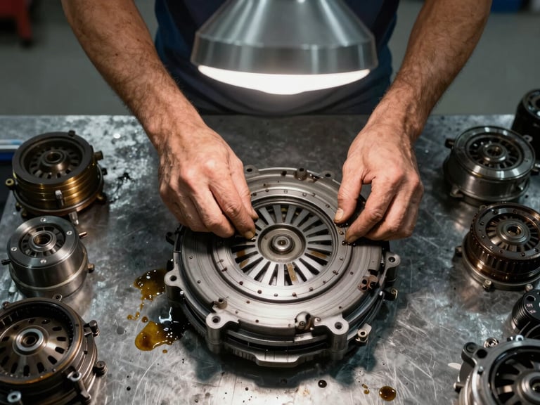 Tight overhead framing of a technician's hands pulling a worn clutch pack from a disassembled automatic transmission on a steel workbench, tungsten shop light from above, oil-stained components arranged in order of removal visible around the edges