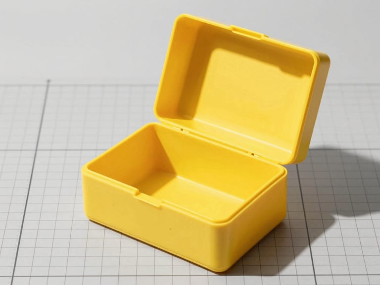 Crisp studio product photography of open rigid box prototypes on a technical grid background, sharp geometric shadows, vivid colors