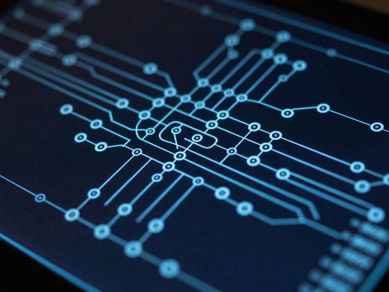 Macro close-up of a dark technical schematic screen displaying electric blue network nodes and pipeline metrics, sharp focus, 35mm