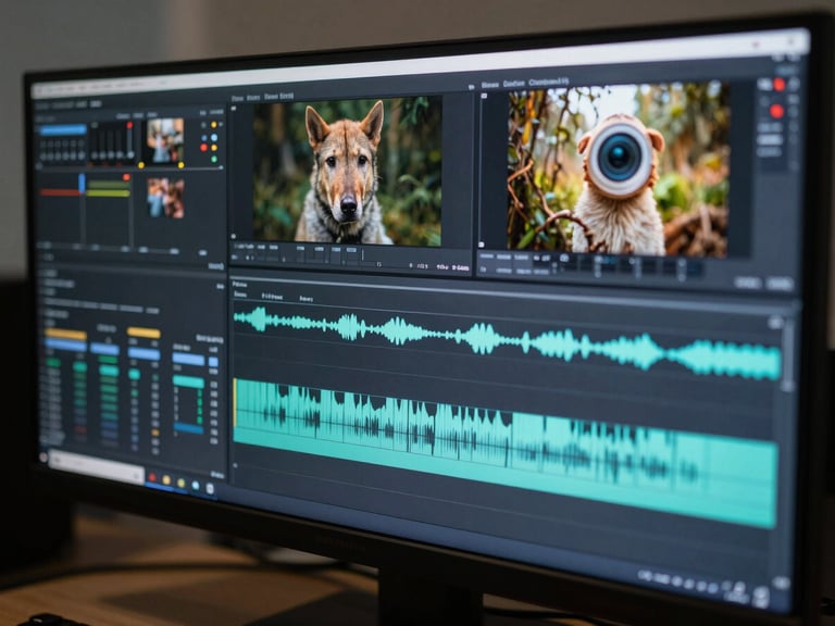 Macro close-up of a high-production video editing timeline on a wide monitor, showing audio waveforms and multi-layered video tracks under cool studio lighting.