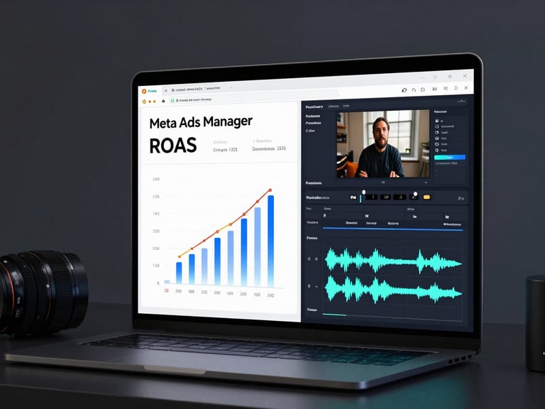 A clean browser mockup showing a live Meta Ads Manager dashboard with rising ROAS metrics next to a high-production video editing timeline with clear audio waveforms, cool-toned studio lighting, sharp contrasts.