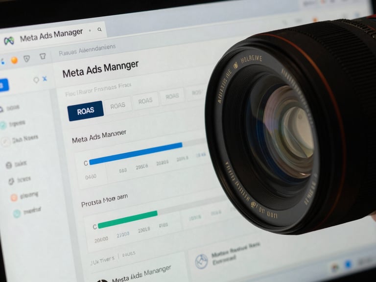 Macro close-up of a Meta Ads Manager dashboard displaying positive ROAS metrics, cool-toned studio lighting, sharp technical interface details