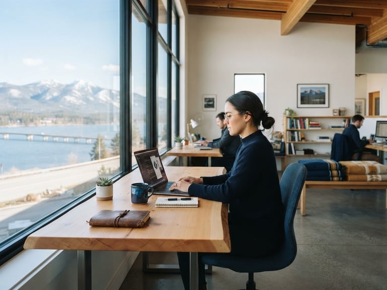 Crisp editorial photography of a modern, sunlit workspace in Sandpoint, Idaho, clean lines, professional and regionally grounded, 35mm.