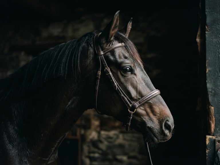 Low-key dramatic portrait of a black stallion, side-lit, deep dark sage shadows, rich leather tack detail, 35mm film.