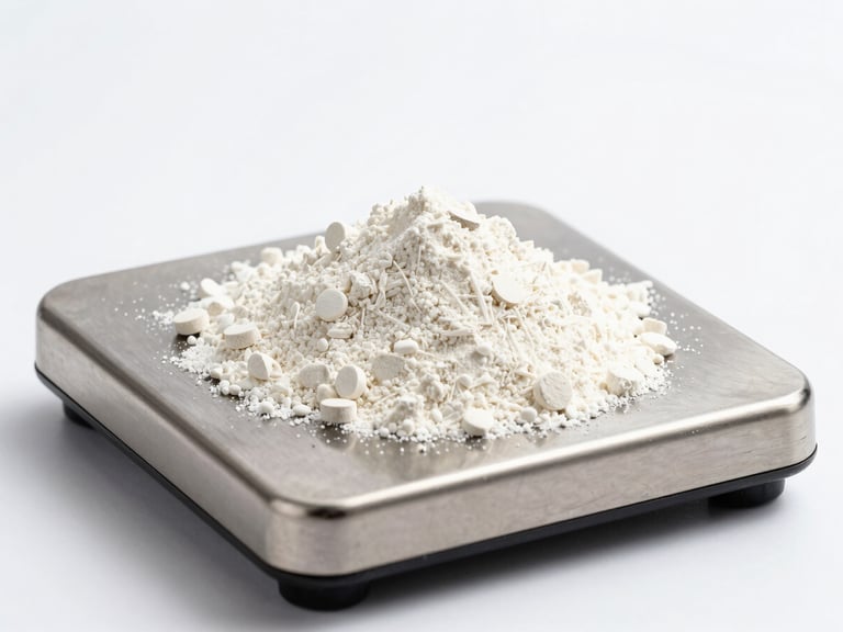 Raw white supplement powder perfectly leveled on a stainless steel laboratory scale, stark white background, harsh directional lighting