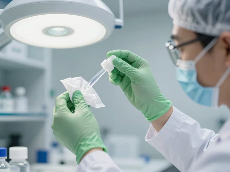 Close-up of a laboratory technician in a sterile white lab coat testing wet wipe liquid formulation, clinical white lighting, sharp focus, professional B2B style.