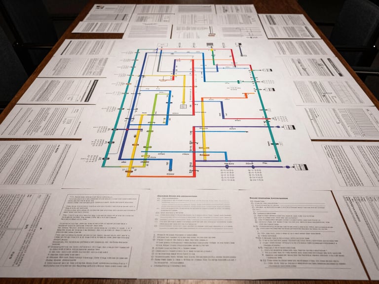 Extreme wide overhead flatbed shot of a large process documentation spread across a conference table — printed flow diagrams, annotated procedure sheets, colored marker lines connecting control points, studio strobe lighting from directly above casting no shadows, high contrast, no hands or people visible, only the ordered documents filling the frame edge to edge
