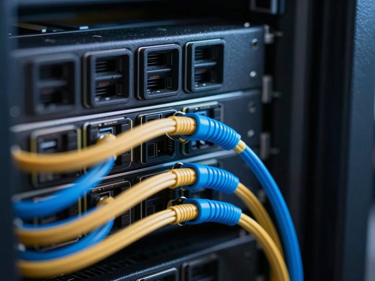 Macro close-up of a dark server rack with clean gold and neon blue cabling, sharp depth of field, technical dark-room lighting