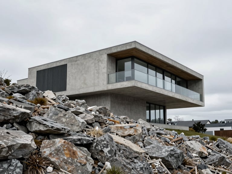 Modernist steel-frame residence anchored to a steep rocky hillside, sharp geometric lines, cool overcast daylight, wide-angle lens.