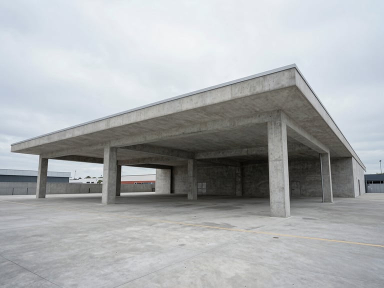 Wide-angle architectural elevation of a concrete commercial pavilion with massive cantilevered spans, sharp shadows, cool overcast daylight.