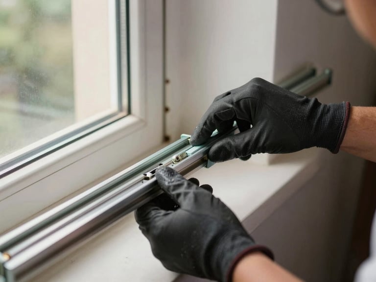 Close-up of a technician's gloved hands adjusting a UPVC sliding door track roller inside a real apartment in Noida, natural window light from the left, door frame and floor visible in the background, tight framing on the mechanism