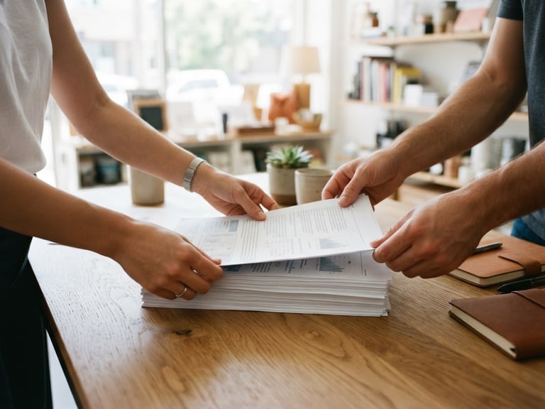 Bright, clean photography of hands organizing crisp printed documents on a modern wooden desk, natural indoor retail lighting, high contrast, 35mm