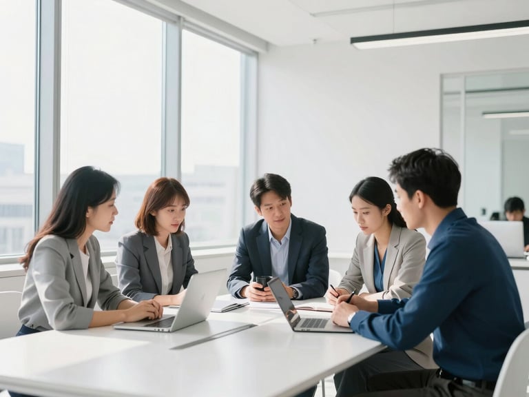 A bright, modern architectural office with high-key daylight, clean lines, professional team collaborating around a white table, 35mm lens