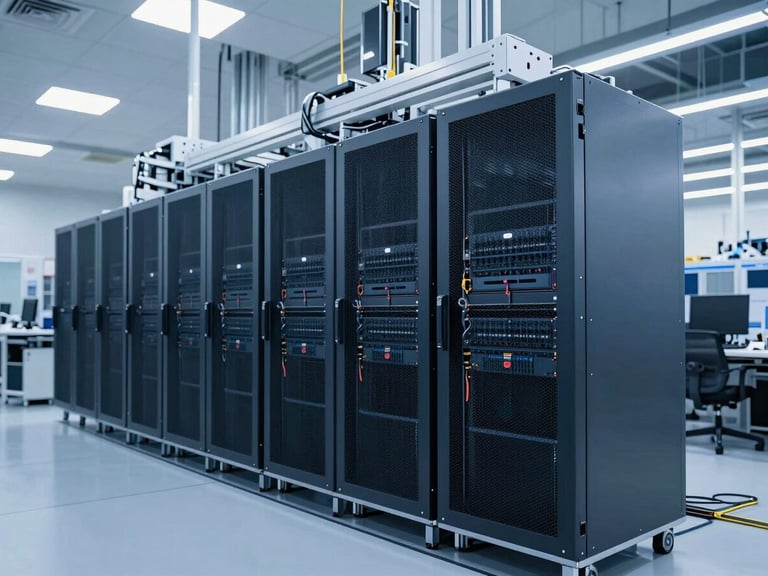 Sleek modern manufacturing facility interior, automated assembly lines, cool blue lighting, high-tech infrastructure