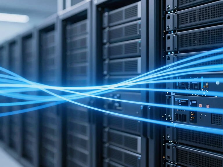 Abstract representation of secure digital data flows, glowing blue lines, server racks in the background, sharp focus