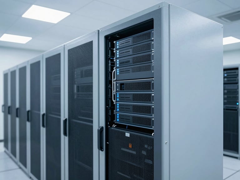 Modern university library or campus server room, clean minimalist design, soft blue and white lighting