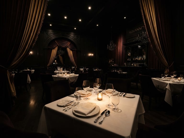 Dramatic wide-angle shot of Yovanni's opulent, dimly lit dining room with velvet drapes and strong directional spotlights, empty tables awaiting guests, chiaroscuro lighting.