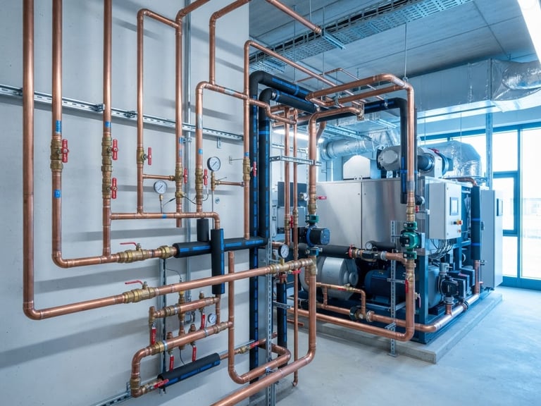 Clean commercial photography of modern copper piping and technical HVAC equipment, bright daylight, crisp cool blue tones, sharp focus, 35mm