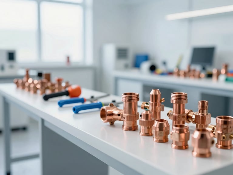 Clean commercial photography of a bright, modern professional HVAC workspace with organized copper fittings and tools, bright natural daylight, 35mm