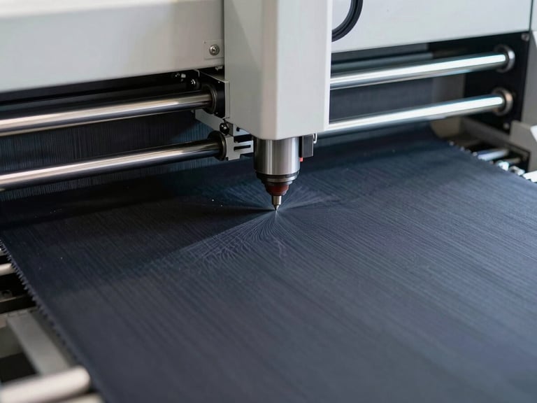 High-contrast close-up of automated fabric cutting machinery, laser guide active, precise cuts on dark textile, bright cool industrial daylight, 35mm