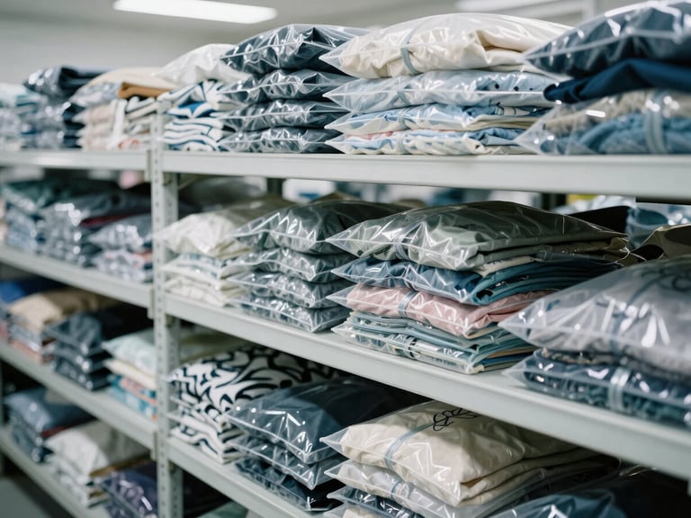 Rows of neatly folded and packed garments in clear bags, organized on shelves in a clean finishing department, bright cool industrial daylight, 35mm