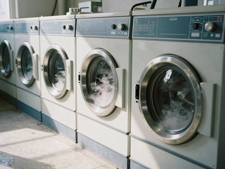 Industrial washing machines in operation, steam and water visible, clean concrete floor, bright cool daylight, high contrast, 35mm