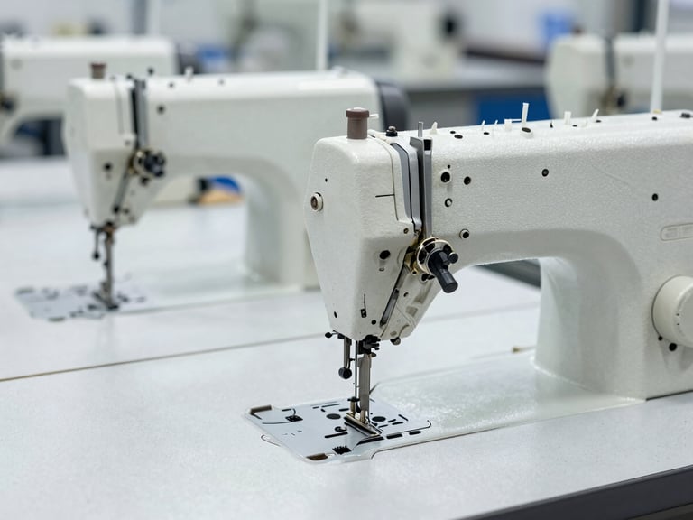 Detailed shot of multiple industrial sewing machines on a clean production line, focus on the stitching area, bright cool daylight, high contrast, 35mm