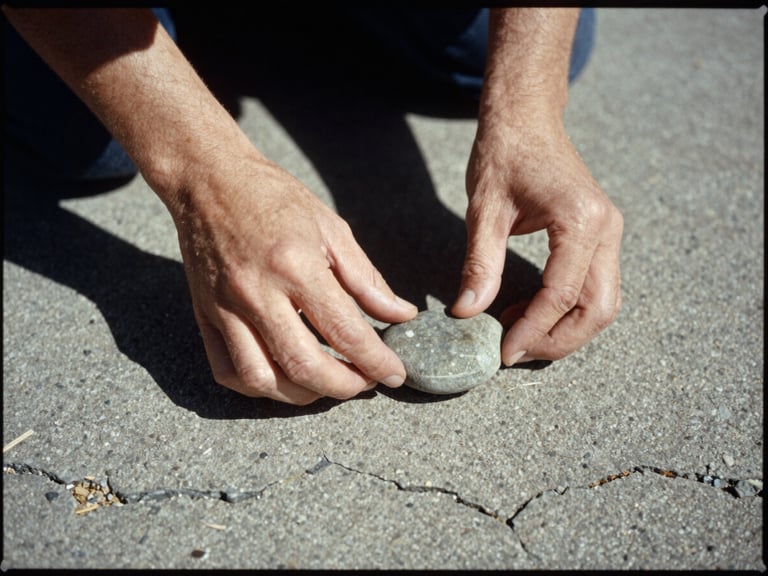 Cinematic 16mm film scan, high contrast, a close-up of hands placing a smooth river stone on a cracked concrete pavement, harsh sunlight, deep shadows