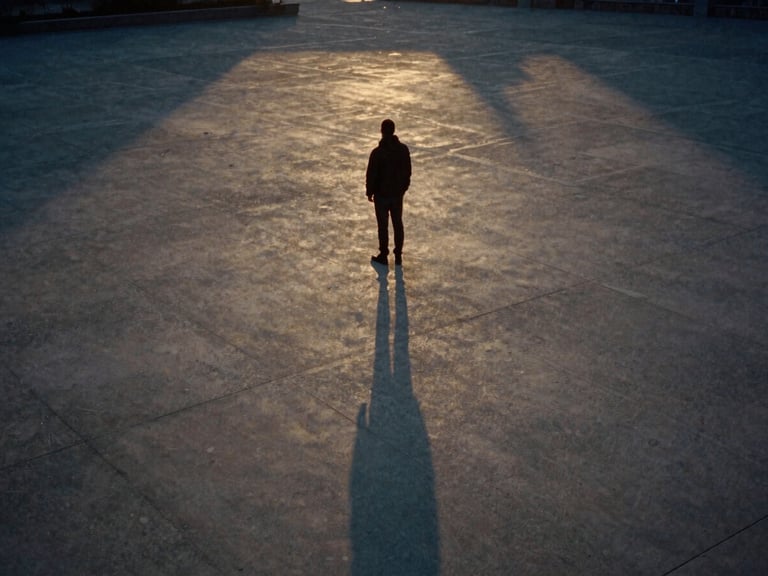 Anamorphic 35mm film still, high contrast, desaturated earth tones, a lone figure standing in a vast concrete plaza at dusk, golden light catching dust particles, quiet cinematic atmosphere