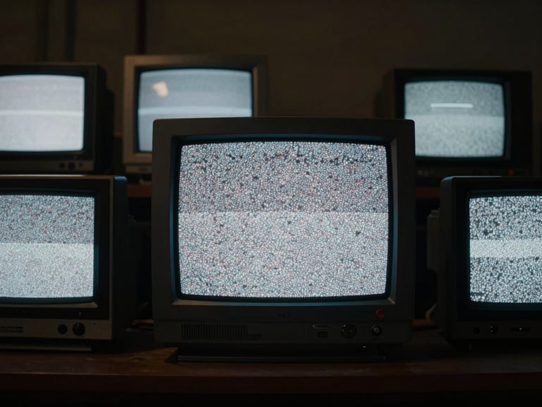 Cinematic film still, dark room illuminated only by old CRT monitors showing static noise, high contrast, moody atmosphere