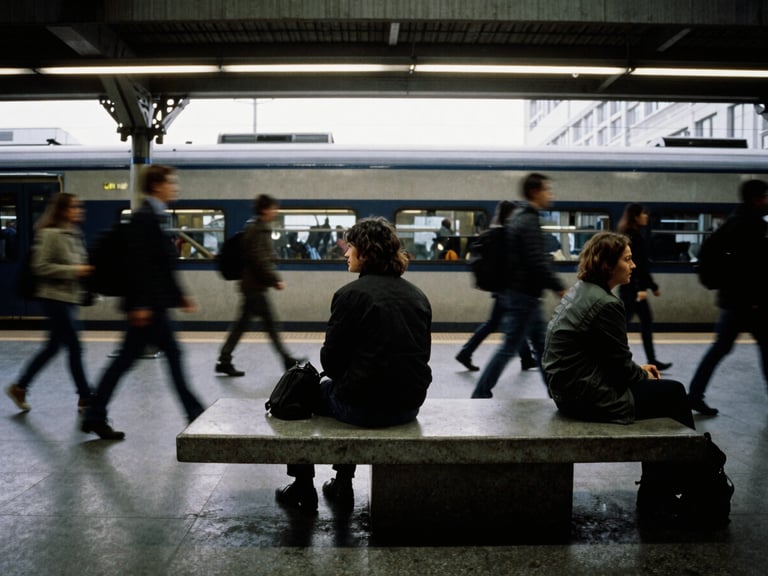 Anamorphic 35mm film still, a person sitting motionless on a concrete bench in a bustling train station, motion blur of crowds, high contrast