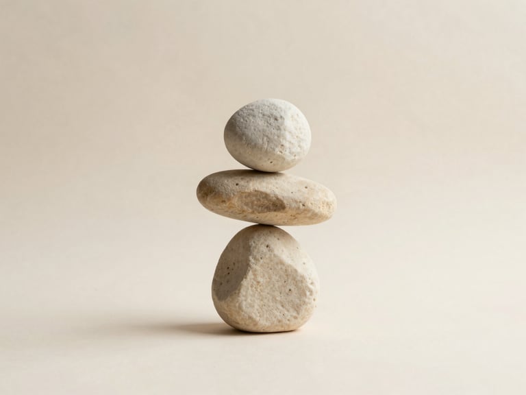 Minimalist clean composition of balanced stone sculpture on a warm cream background, soft overcast daylight shadow, 35mm photography