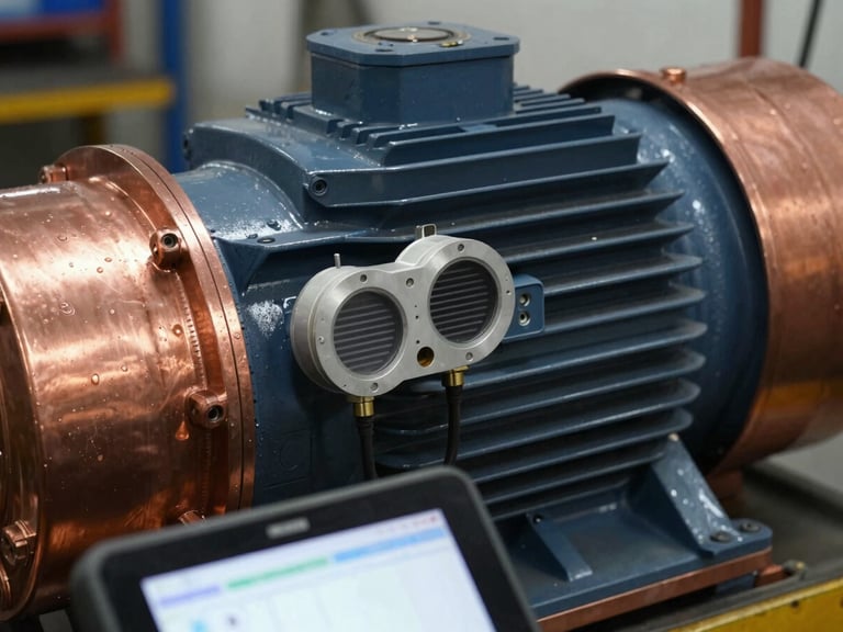 Close-up of a vibration sensor attached to a large industrial motor, displaying data on a connected tablet, high-contrast workshop lighting, copper tones, sharp focus, 35mm