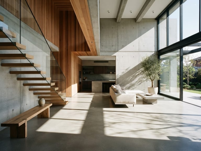 Crisp architectural wide shot of a modern minimalist concrete interior with warm raw timber panels, bright natural daylight casting sharp geometric shadows, 35mm lens