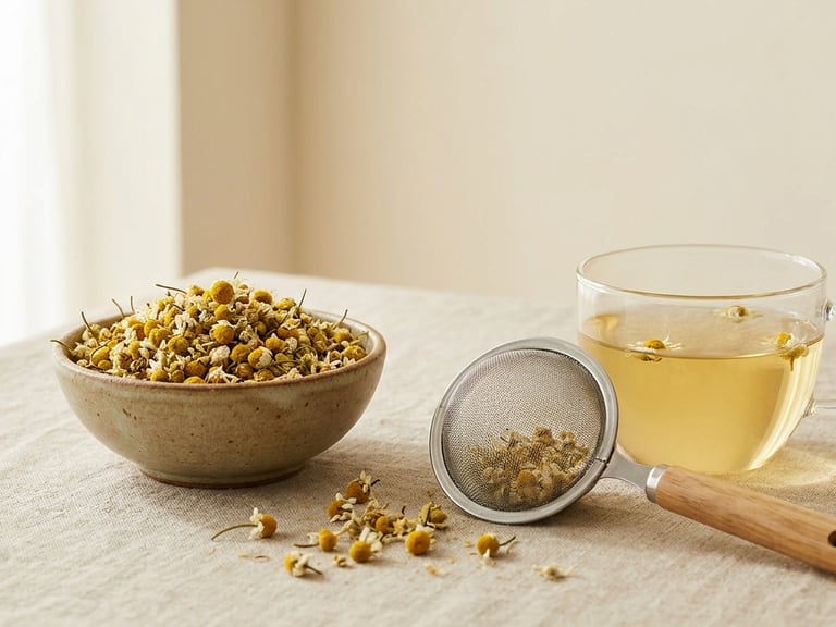Fresh chamomile tea in a glass mug beside a bowl of dried chamomile flowers and a mesh tea strainer.