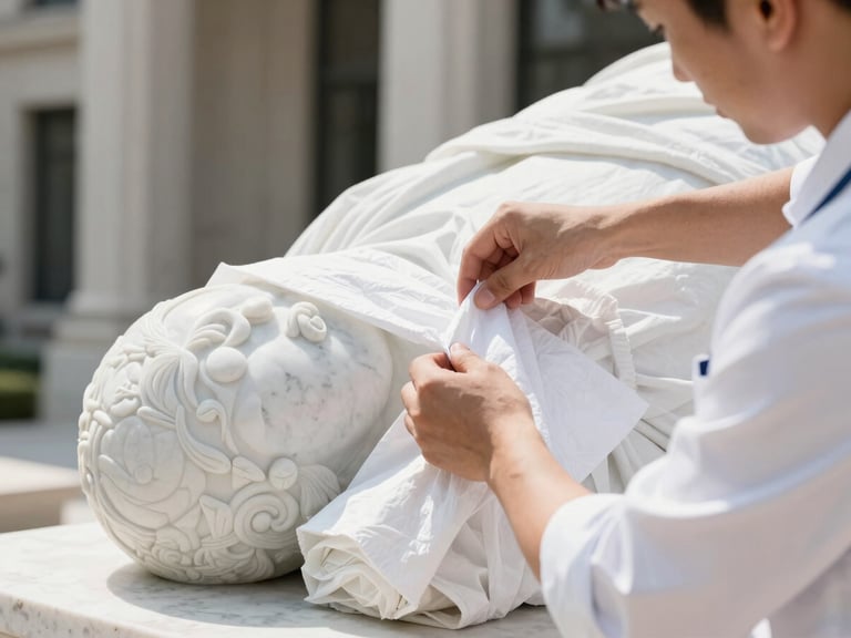 Close-up of professional hands in clean uniforms wrapping a luxury marble sculpture in heavy-duty protective padding, bright natural daylight, sharp focus.