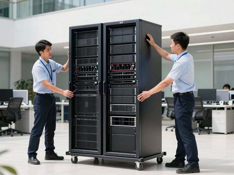 Editorial corporate photography, bright daylight, professional moving crew in clean uniforms carefully wrapping dual-monitor setups and office servers in high-end JLT office, 35mm lens