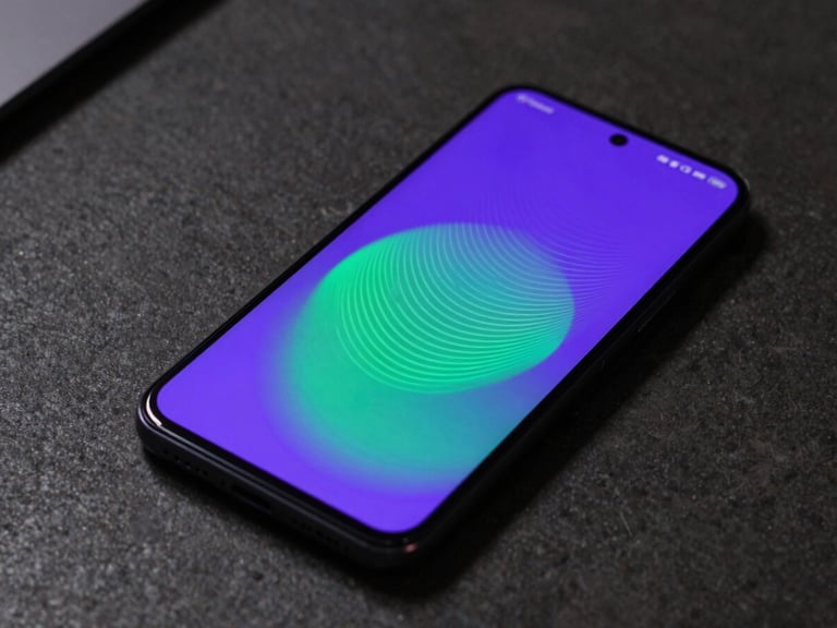 Moody tech photography of a modern Android smartphone resting on a dark concrete desk, screen glowing with a vibrant violet and green Material You interface, macro lens shot showing tactile haptic waves