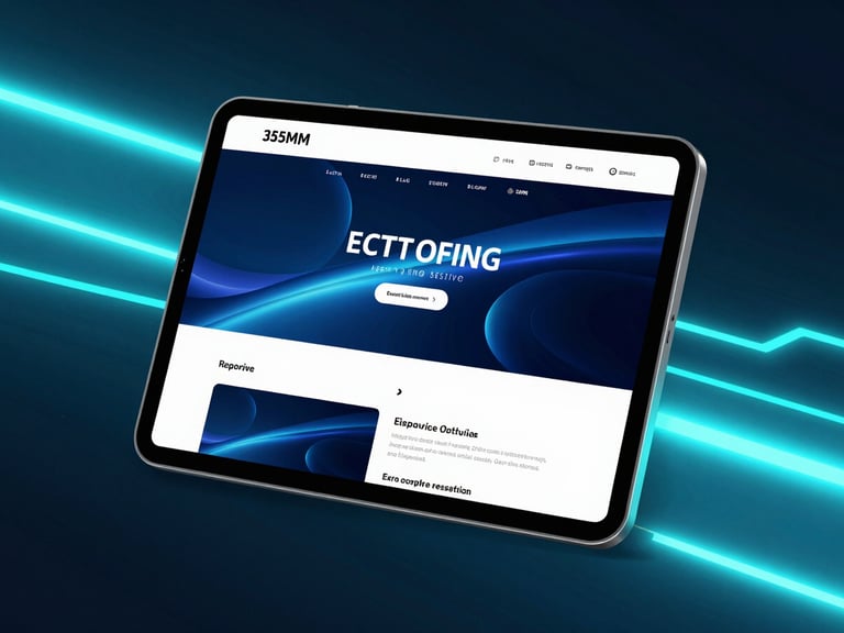 High-fidelity UI/UX mockup of a responsive web application on a sleek tablet device, surrounded by abstract neon teal and electric blue light trails, dark-mode tech aesthetic, sleek dark-mode tech photography, dramatic neon blue and cyan lighting, sharp focus, 35mm lens