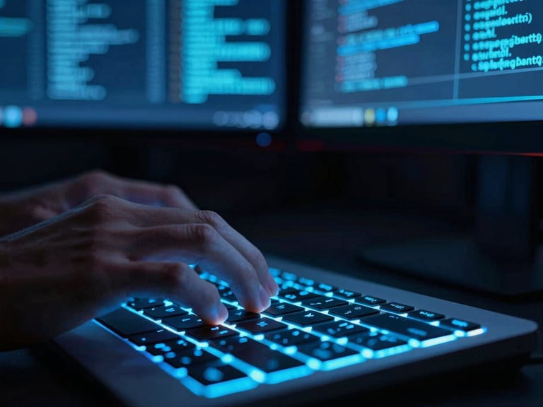 Macro close-up of a developer's hands typing on a glowing keyboard with neon blue syntax highlighting, reflecting data streams on a sleek dark-mode monitor, high-contrast studio lighting, sleek dark-mode tech photography, dramatic neon blue and cyan lighting, sharp focus, 35mm lens