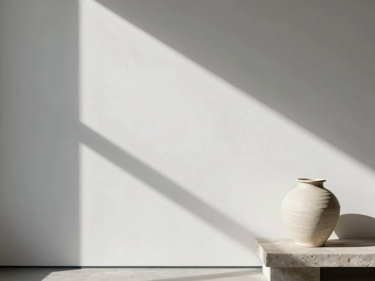 Wide architectural crop of soft daylight shadows falling across a blank white gallery wall, a single matte ceramic vessel on a stone ledge to the right.