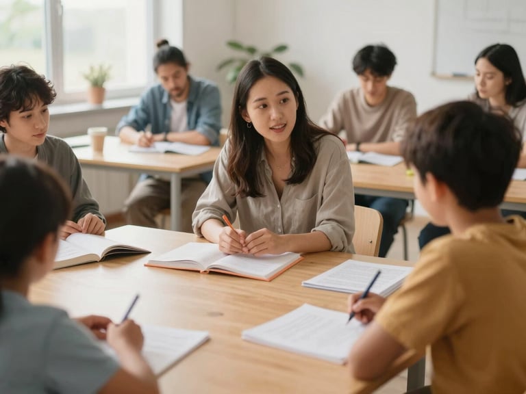 An educator leading a literacy workshop with adults and children in a community space, focused on shared learning, natural diffused daylight.