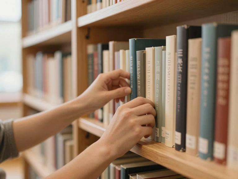 Hands organizing books on a wooden shelf in a community library, warm diffused daylight, shallow depth of field.