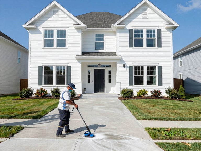 Wide shot of a clean house exterior after soft washing, bright natural daylight, crisp architectural lines, professional editorial style