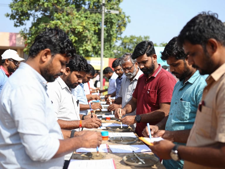 WE YSRCP staff conducting water quality tests at a community awareness camp in Guntur, citizens observing, bright natural daylight, 35mm lens.