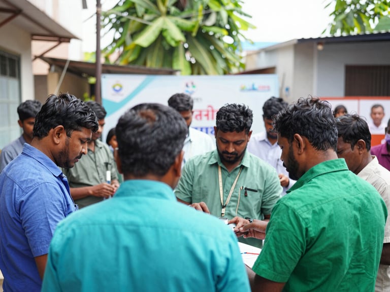 WE YSRCP volunteers setting up a public health awareness camp in a Guntur neighborhood, people gathering, bright natural daylight, clean green accents, sharp focus, 35mm lens