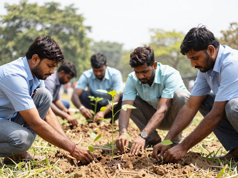 WE YSRCP volunteers planting saplings in a Guntur park, bright natural daylight, focused on hands and young trees, 35mm lens.