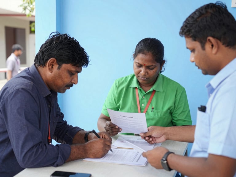 WE YSRCP volunteer assisting a Guntur citizen with official paperwork at a community outreach desk, bright natural daylight, clean blue accents, sharp focus, 35mm lens